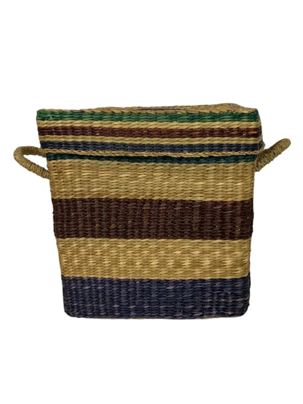 Square Bolga Basket With Lid Handles Handwoven Straw Multicolor Stripes Storage